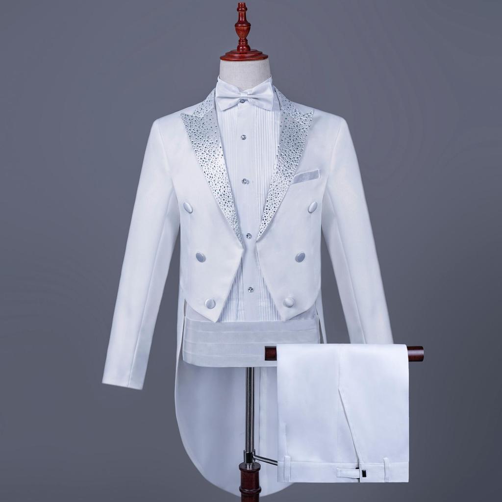 Men's Black and White Rhinestone Tailcoat for Magician, Singer, or Conductor - Formal Performance Wear