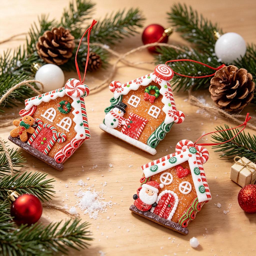 Christmas Polymer Clay Gingerbread House Ornaments, Xmas Tree Hanging Decorations (3 Pieces Per Set)