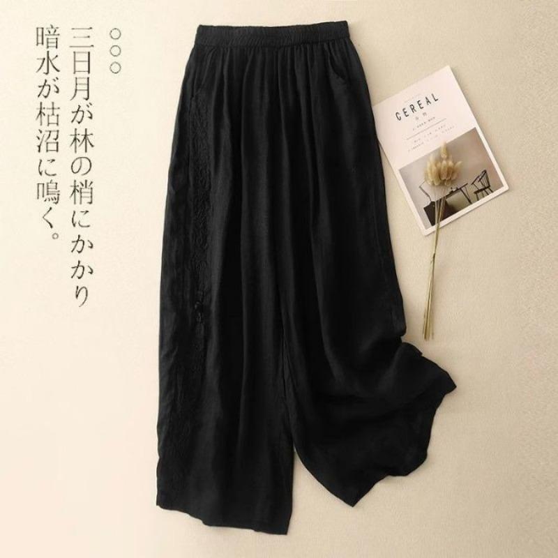 Neun-Punkte-Hose mit weitem Bein für Damen im Sommer, dünn, atmungsaktiv, Retro-Stickerei, elastischer Bund, locker fallend, Baumwolle und Leinen, Freizeit-Hose