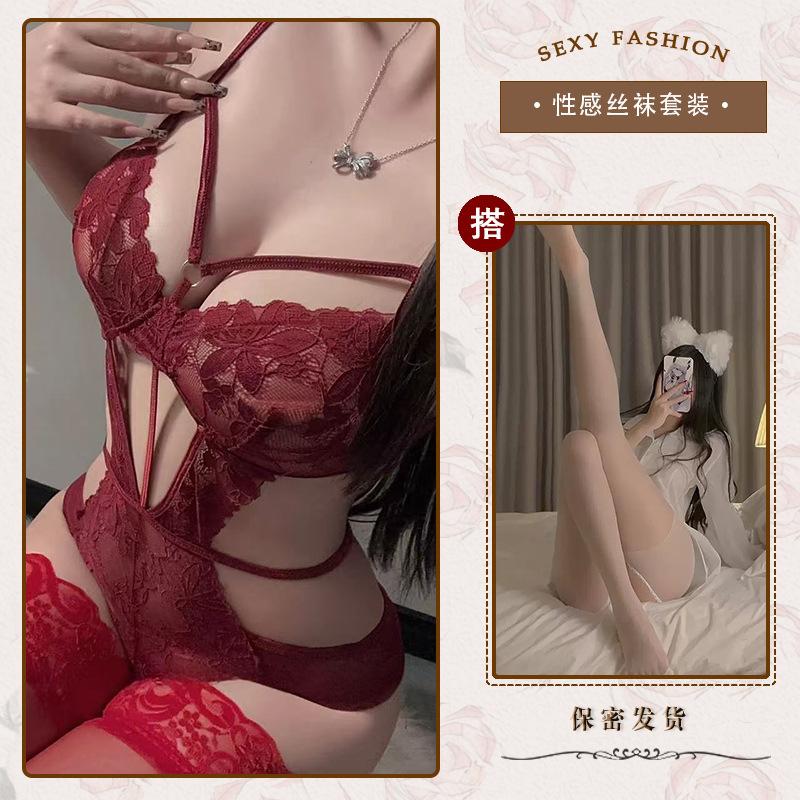 Hollow and thin sexy underwear sexy onesie temptation strap perspective lace free purple n