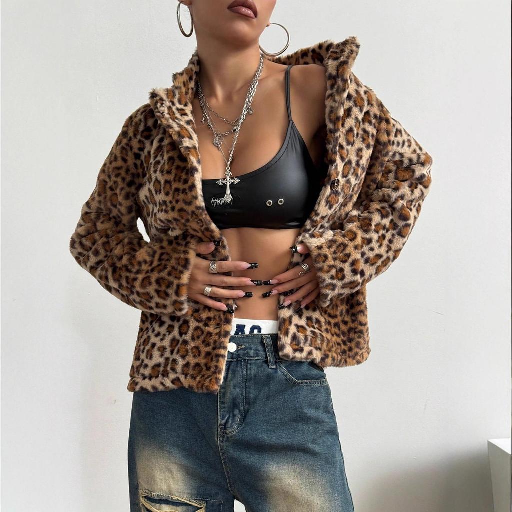 Women's European & American INS New Leopard Print Button-Down Lapel Coat