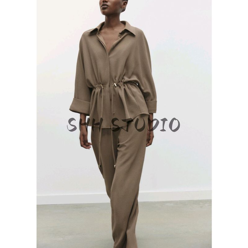 Lapel Long Wide Sleeve Swim Hunting Jacket Drape Shirt 2728568 Casual High Waist Wide Leg Pants 2116568