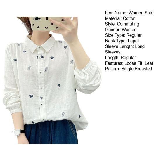 Women Shirt Lapel Long Sleeve Single Breasted Shirt Tops Loose Fit Leaf Pattern Casual Shirt Work Party Vacation Daily Wear