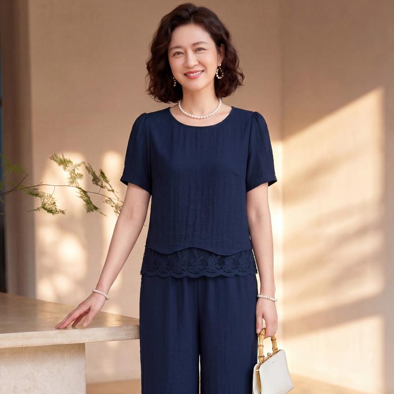 Women s Elegant Lace Hem Two-Piece Summer Set 4XL
