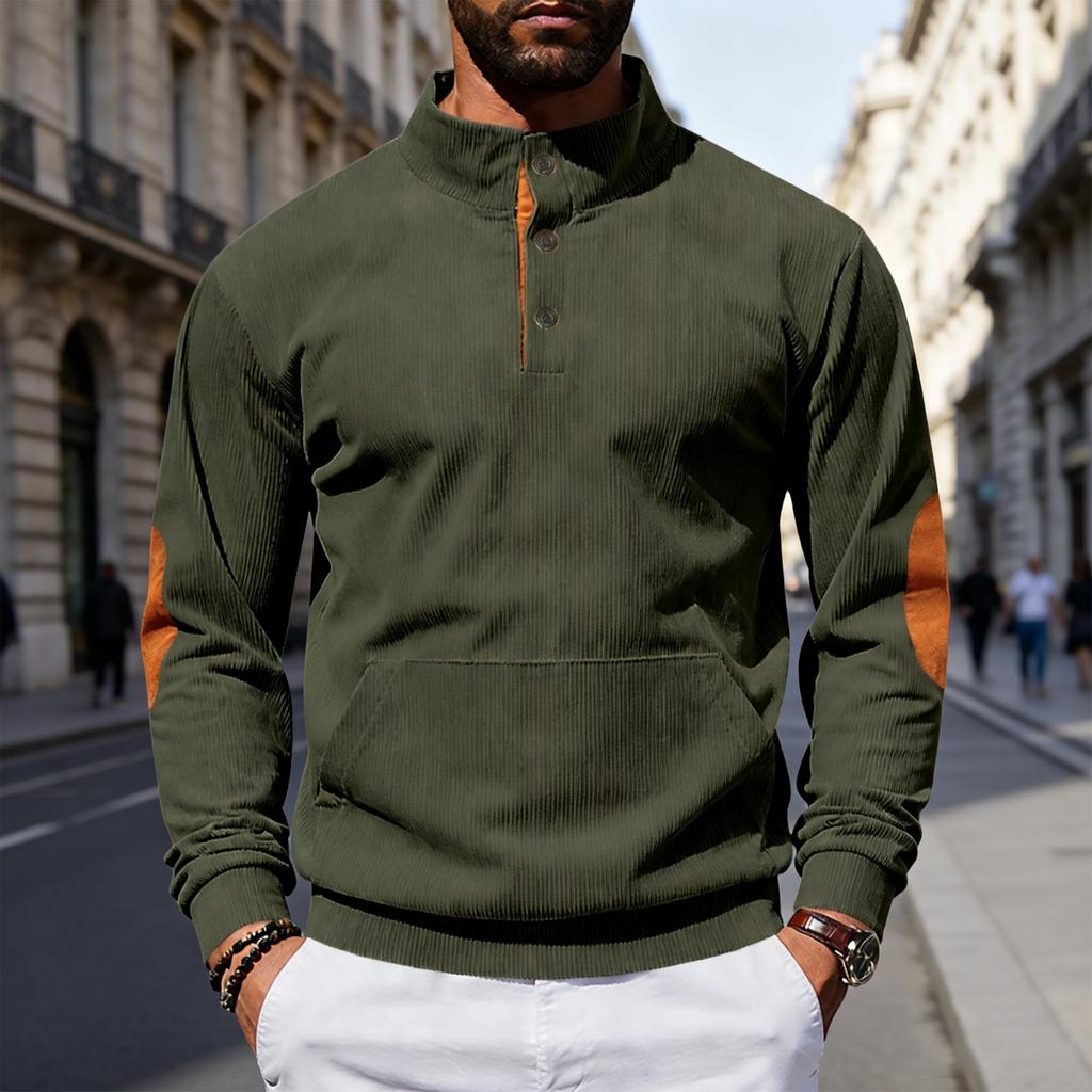 Men's Loose Fit Corduroy Sweatshirt Vintage Color Block Stand Collar Long Sleeve Casual Pullover for Spring and Fall