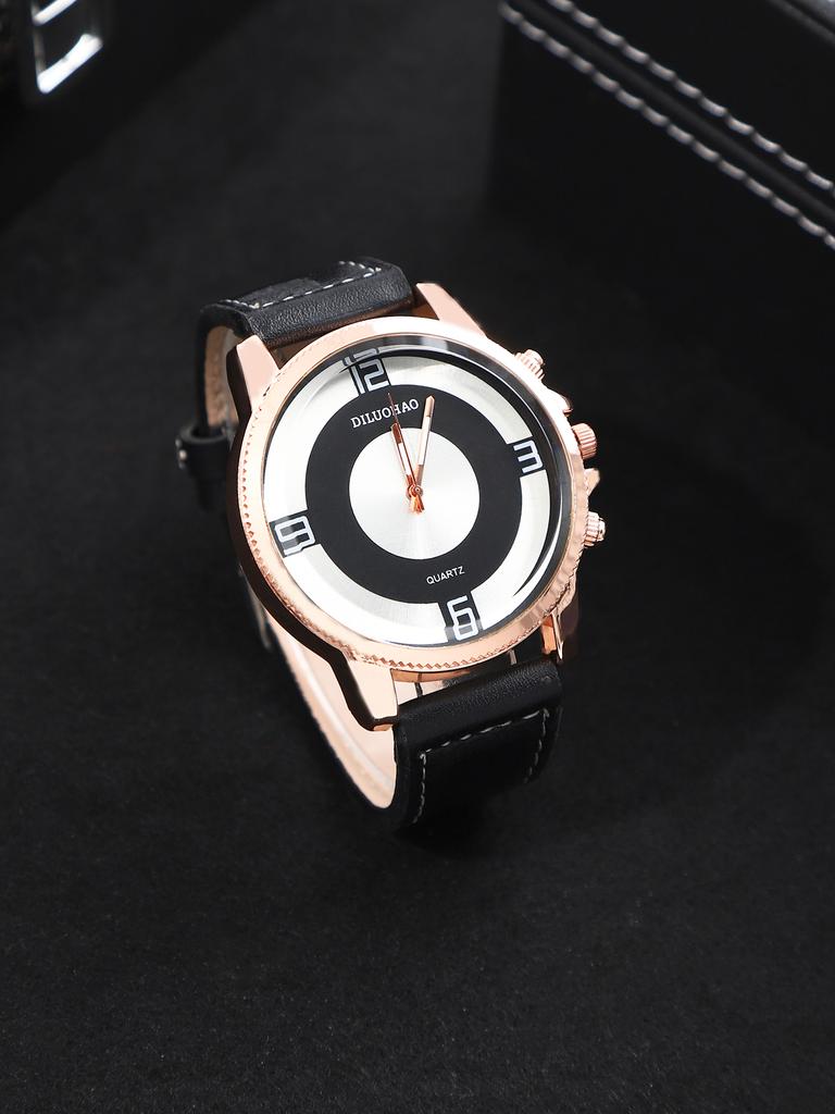 4PCS Watch Necklace Set, Business Men's Fashion Dial Quartz Calendar Watch, Luxury Men's PU Leather Watches, Ideal Gift for Me