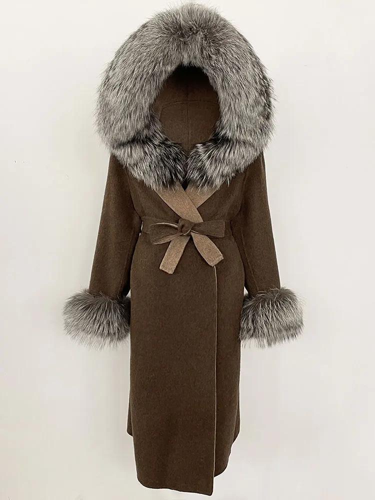 OFTBUY Winter Women Coat Real Natural Fox Fur Hooded Detachable Collar Double-faced Woolen Jacket Long Casual Elegant Overwears