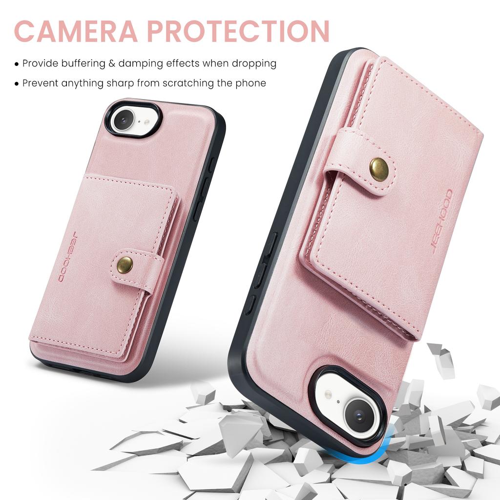 For iPhone 16e Case JEEHOOD J01 Retro Leather Phone Back Cover with Detachable Magnetic Card Holder