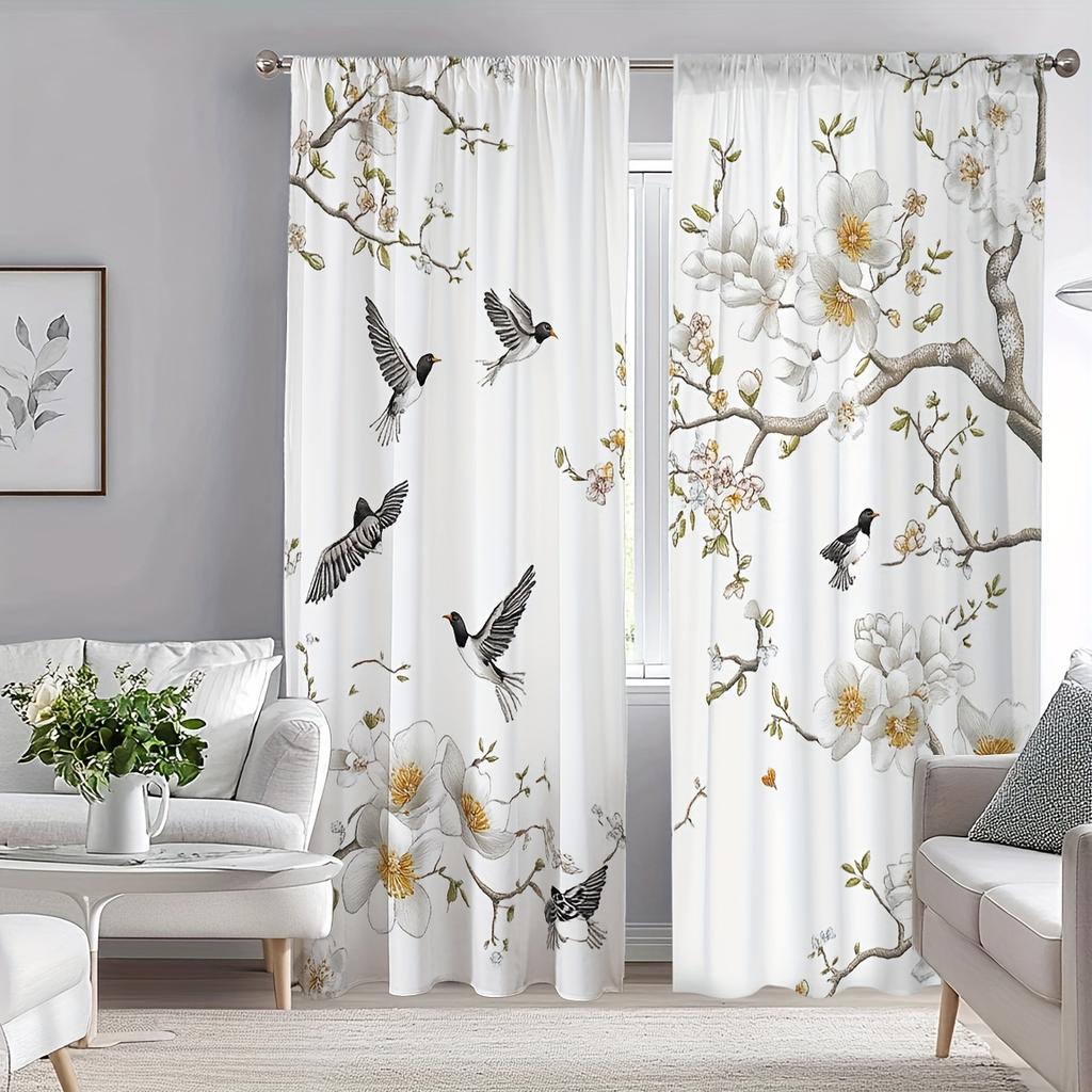 2-piece Floral and Bird Print Curtains, Polyester Fabric, Machine Washable, Suitable for Living Room, Bedroom