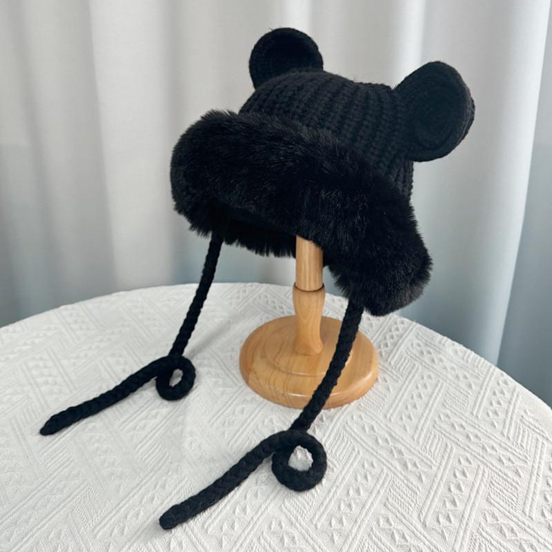 Вязаная зимняя шапка-медведь с теплым флисом для девочек и подростков чёрный