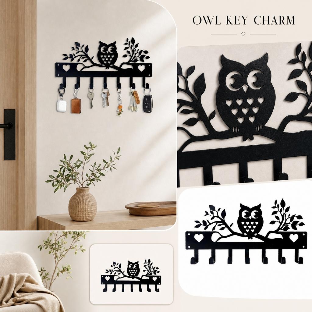 Metal Owl Wall Hook Rack with Seven Hooks for Keys Towels and Small Items Hanging Over Door Storage Organizer