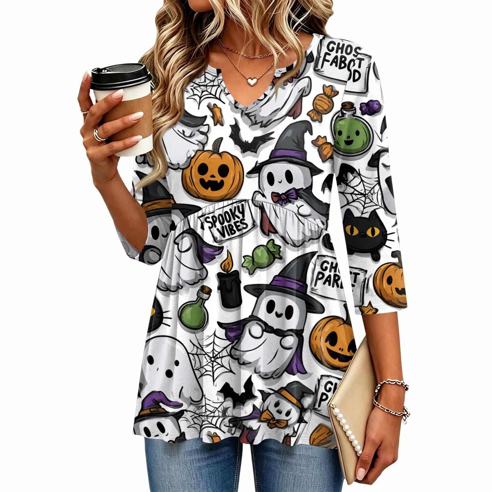 Women s Casual Halloween Print V-Neck Blouse with Three-Quarter Sleeves for Holiday Parties S