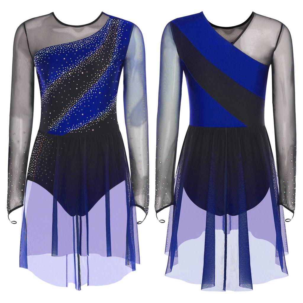 Kontrastfarbener Strass-Tanzbody für Damen S-XXL: Gradient-Netzrock Einteiler-Design für Eiskunstlauf Gymnastik