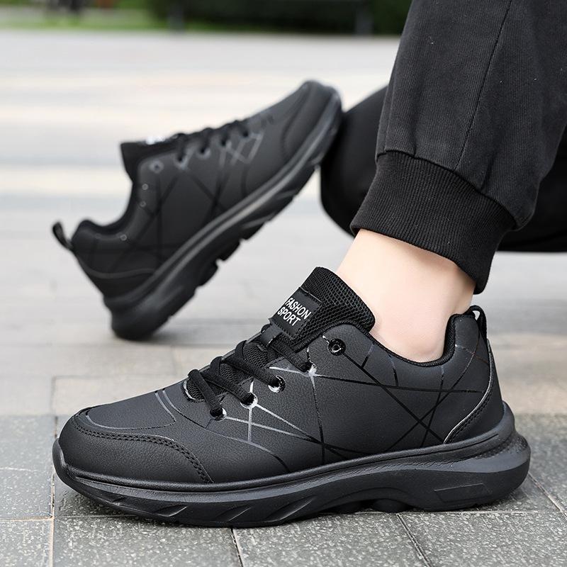 Black shoes Sneakers Leather waterproof and non-slip running shoes Soft sole Lightweight travel shoes