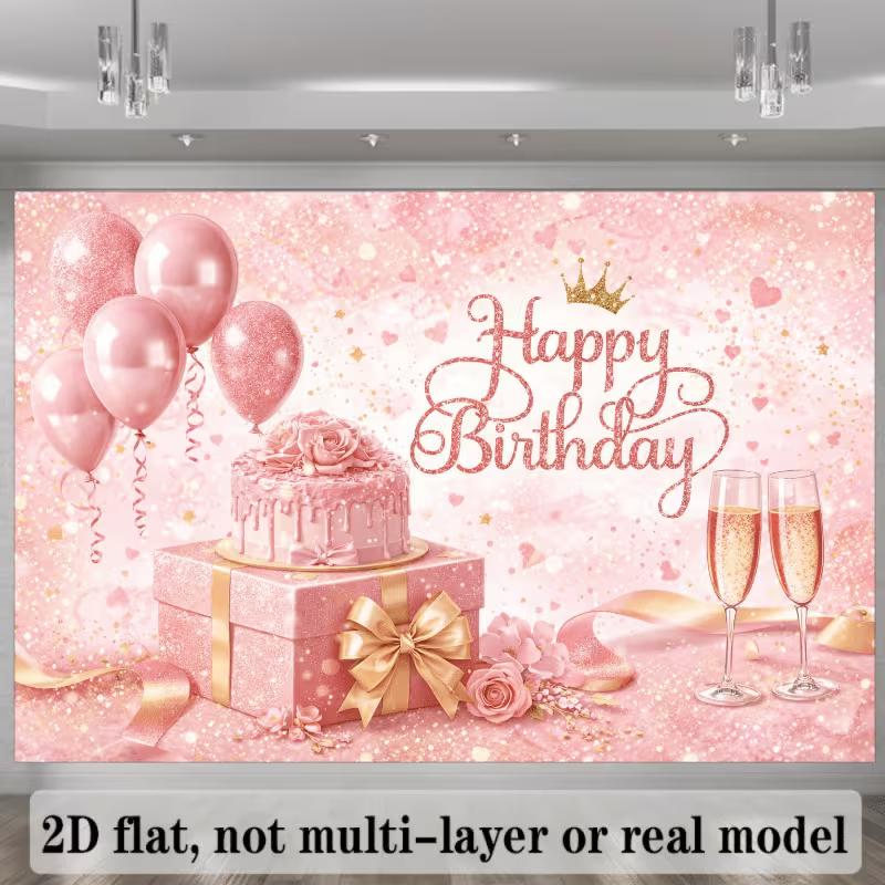 2D Pink Happy Birthday Banner Cake & Balloon Party Background