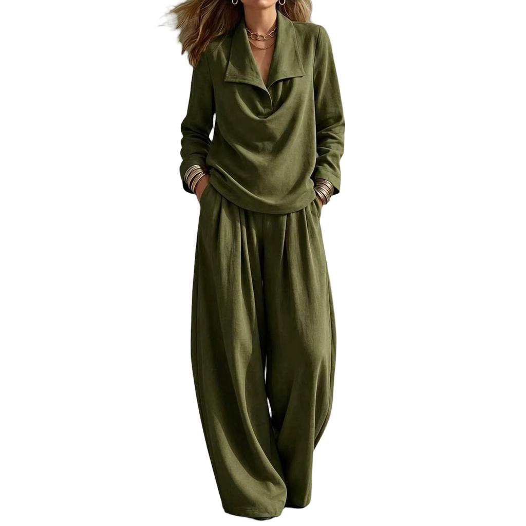 Women's Color Casual Two Piece Set with Collar Sweatshirt and Pants with Pockets