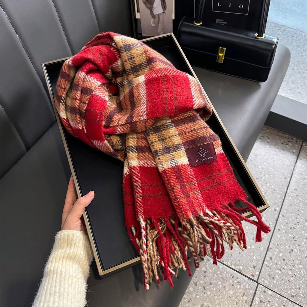 Autumn and Winter Scarf Women's Winter Double sided Plaid High End Tassel Thickened Warm Plum Sauce Purple Scarf