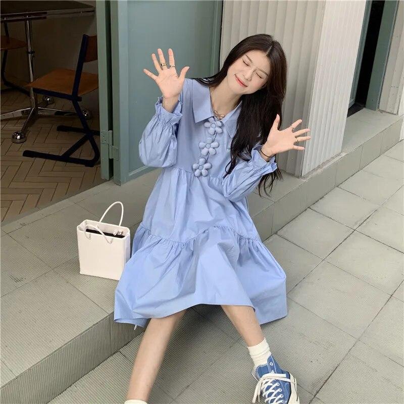 Dresses Women 3D Flower Y2k Autumn Hotsweet Korean Style Simple Long Sleeve High Street All-match Temperament Knee-length Daily