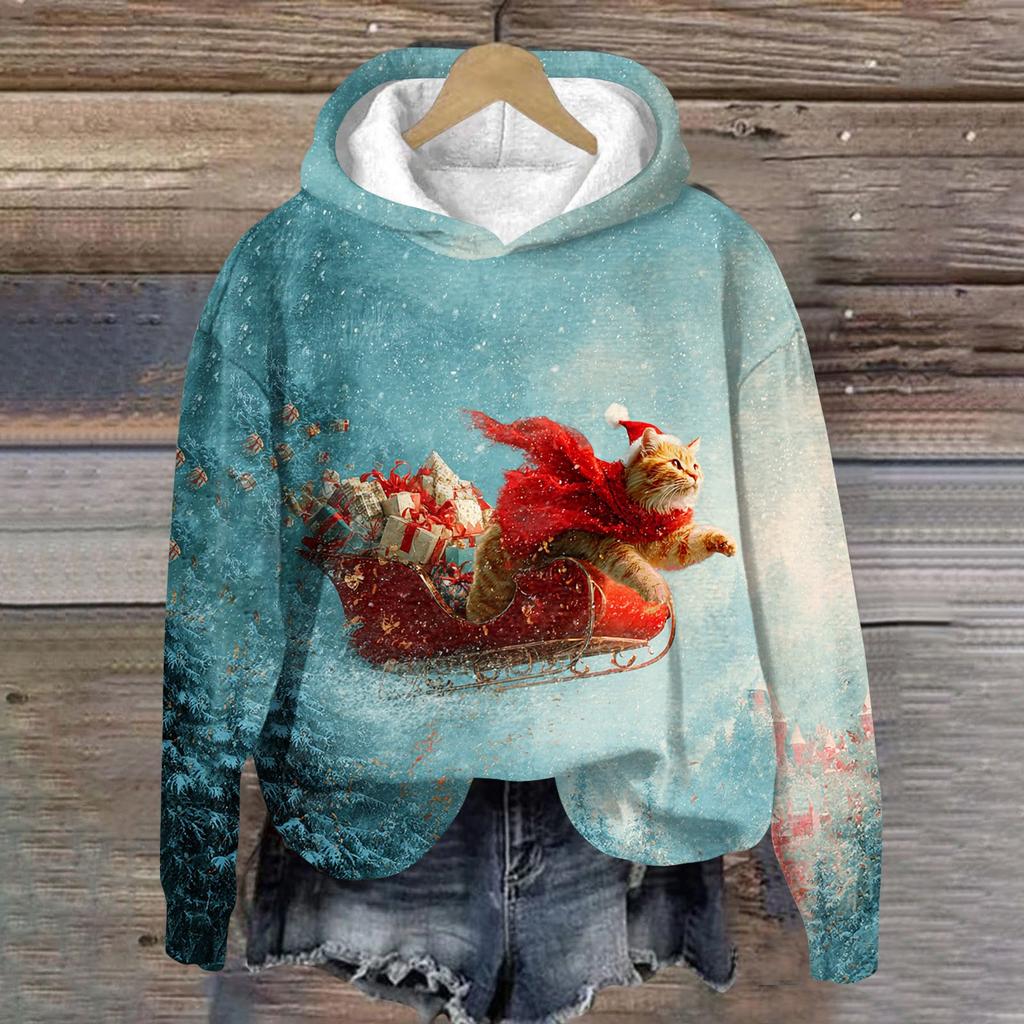 Women's Fashion Long Sleeve Christmas Print Loose Hooded Sweatshirt Top