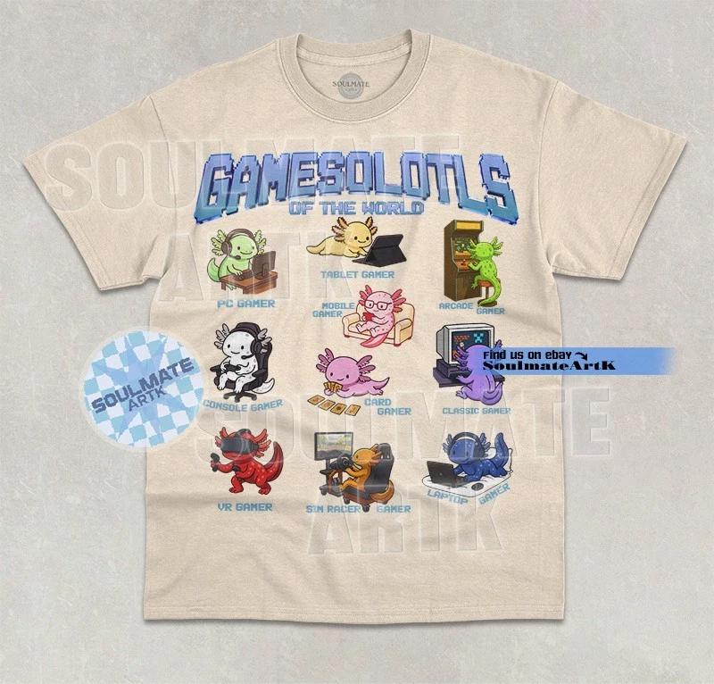 Gamesolotl Of The World T-Shirt Funny Axolotl Gamer Lover Graphic Unisex Shirt L