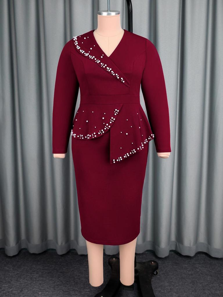 Beaded V-neck Waist-Cinched Long-Sleeve Banquet Midi Dress