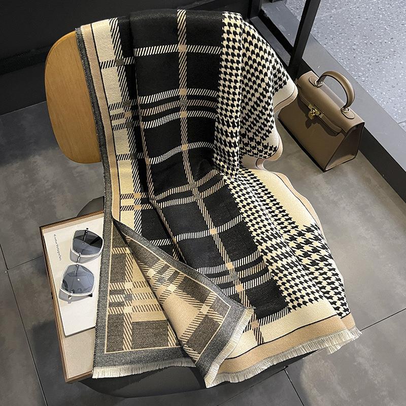 Exquisite Houndstooth Fashion Imitation Cashmere Scarf  Winter Versatile Decorative Warm Scarf Double Sided Large Shawl