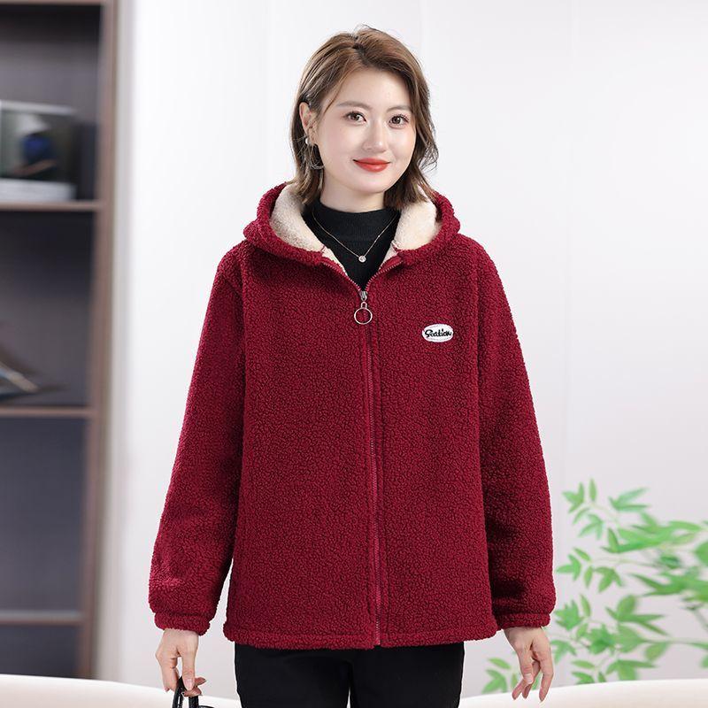 Autumn and Winter Granular Fleece Hooded Jacket Women's Loose Plus Fleece Thickened Western Style Age-reducing Lamb Fleece Top Warm Cotton Coat
