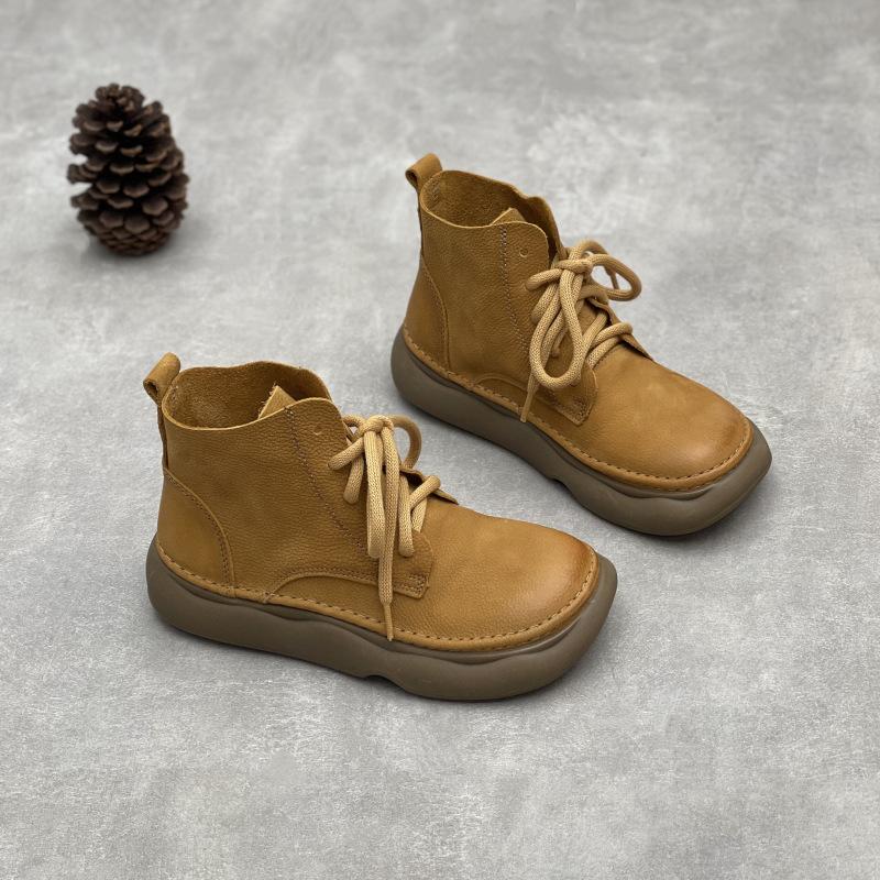 Johnature Retro Oryginalne Skórzane Krótkie Buty Szerokie Noski Sznurowane Skórzane Buty Damskie Miękka Podeszwa