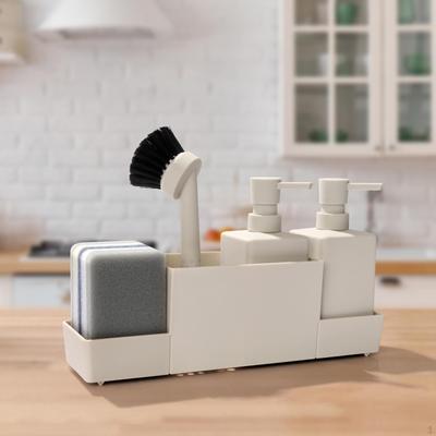 4 Pack Soap Dispenser with Sponge Holder and Storage Tray, Brush Set for Kitchen Sink