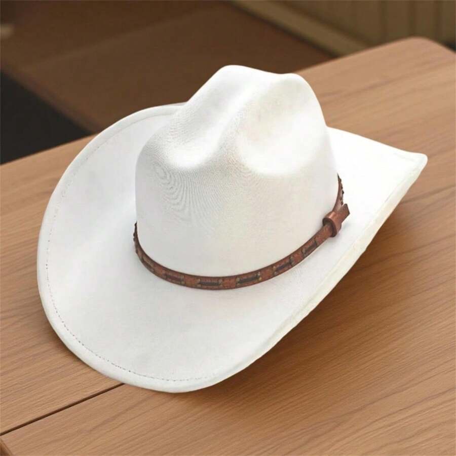 Retro Wool Felt Cowboy Hat With Leather Belt Wide Brim Western Cap For Adults onesize