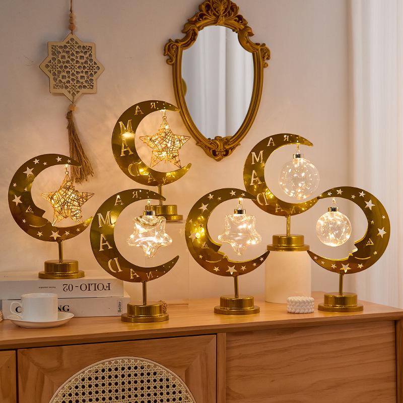 Middle Eastern Festival Moon and Star LED Decorative Rattan Ornament Lamp for Bedroom