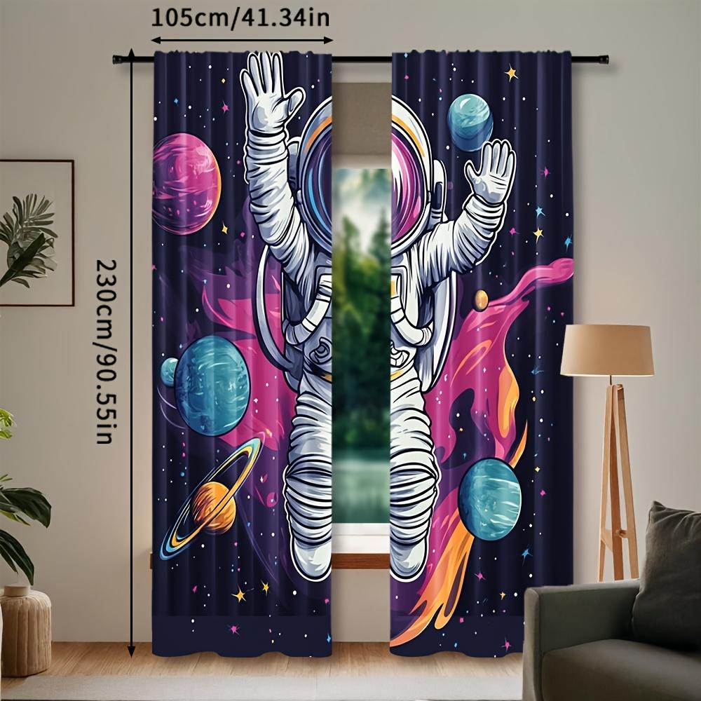 2pcs Astronaut Space Themed Curtains, Contemporary Semi-Sheer Polyester Drapes, Rod Pocket Hanging, Machine Washable, All-Season