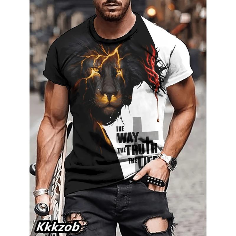 Mens Lion Print Short Sleeve O-Neck T-Shirt Soft Breathable Casual Wear Outdoor Activities Sports Loose Oversized Tops
