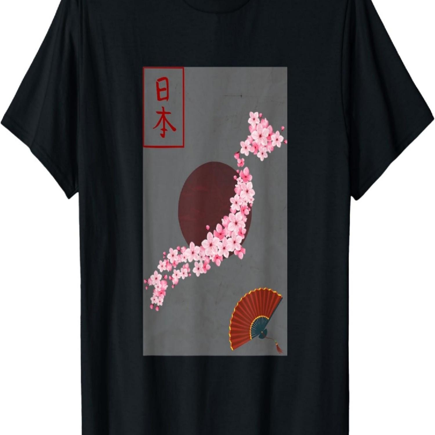 Retro  Flag Japan Depicted As Sakura Cherry Blossom T-Shirt S чёрный