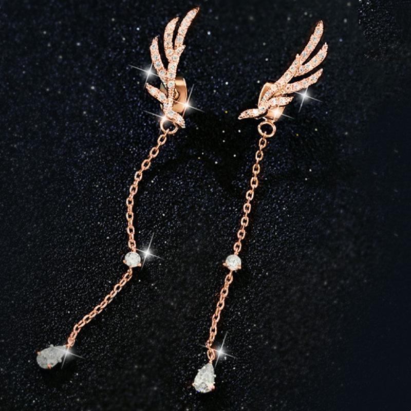 Rhinestone Crystal Angel Wings Tassel Stud Earrings - Fashionable Accessories
