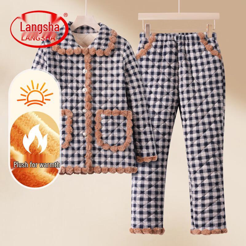 LangSha Women s Winter Plus Velvet Plaid Two-Piece Set 2XL