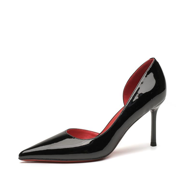 83323 [fårskinn] spetsiga högklackar dam tunna klackar vår 2025 nya lackläder sida tom röd sula enskor