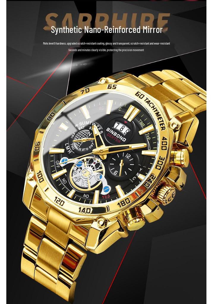 BINBOND Men's Luminous Trendy Tourbillon Steel Band Watch with Decorative Three Dials and Six Hands.