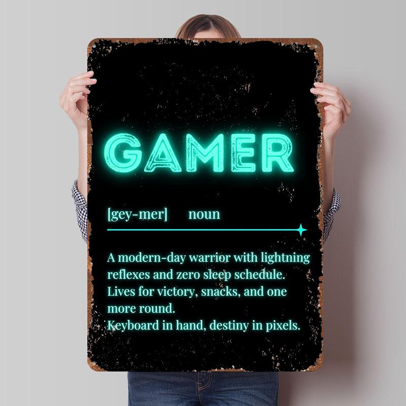 Gamer Definition Neon Sign Tin Plaque Poster Customized Wall Art Retro Vintage Metal Signs for Man Cave Home Decorations Decor 7.9x11.8In(20x30cm)