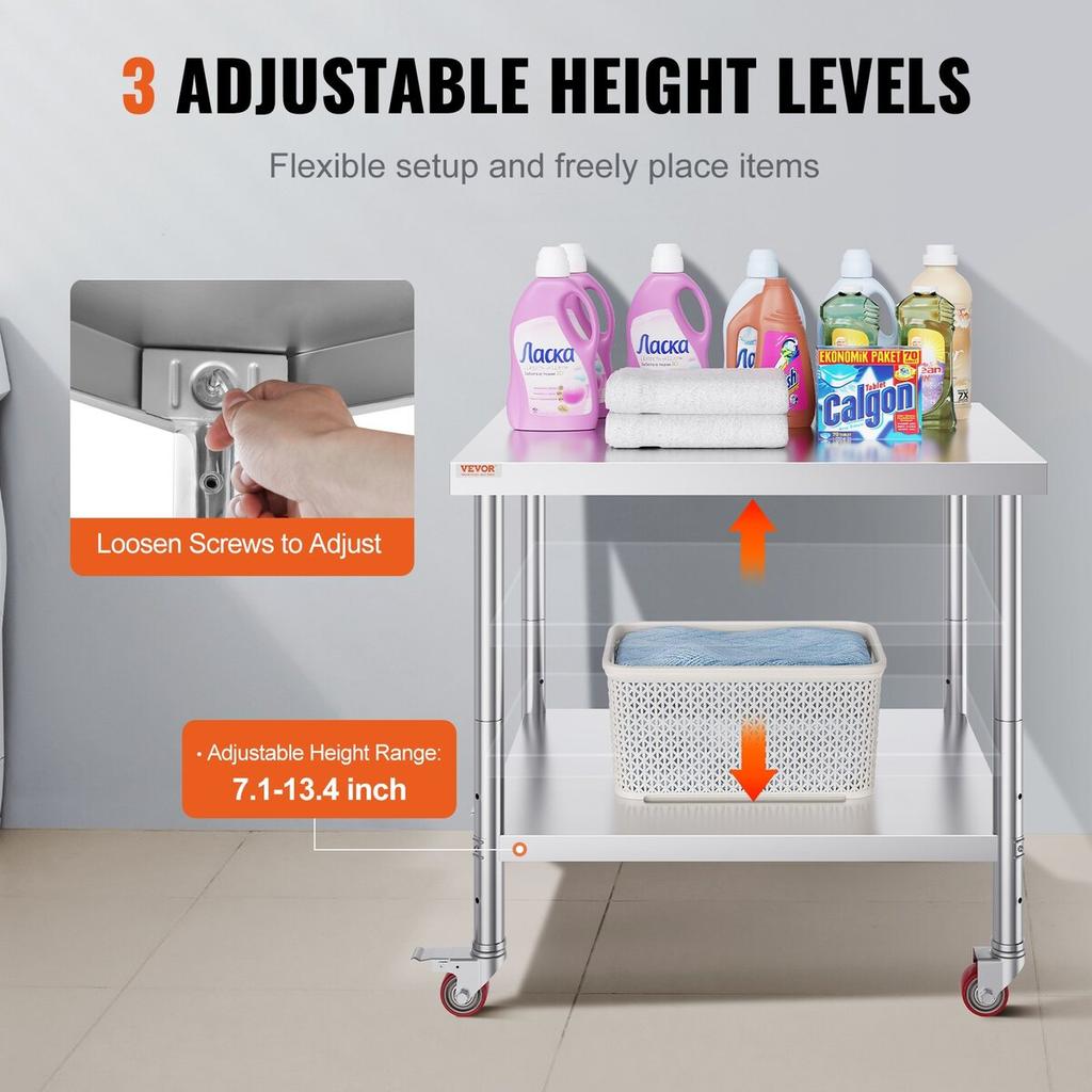 Stainless Steel Catering Work Table 30x36 Inch Commercial Kitchen Table with 4 Wheels Commercial Food Prep Workbench With Flexible Adjustment Shelf