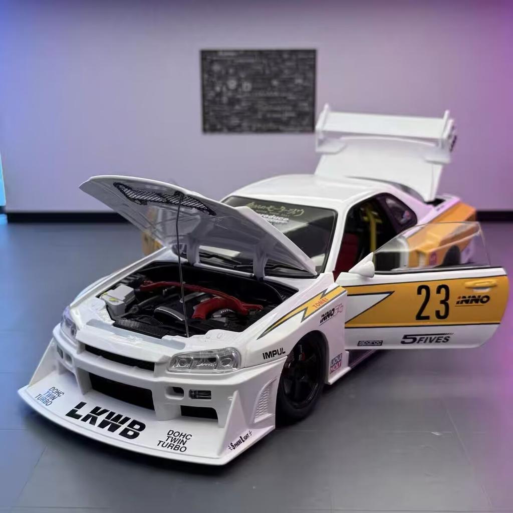 1:18 Silvia Skyline Ares Gtr R34 Alloy Modified Wide Body Sports Car Model Diecast Raing Car Model Sound And Light Kids Toy Gift