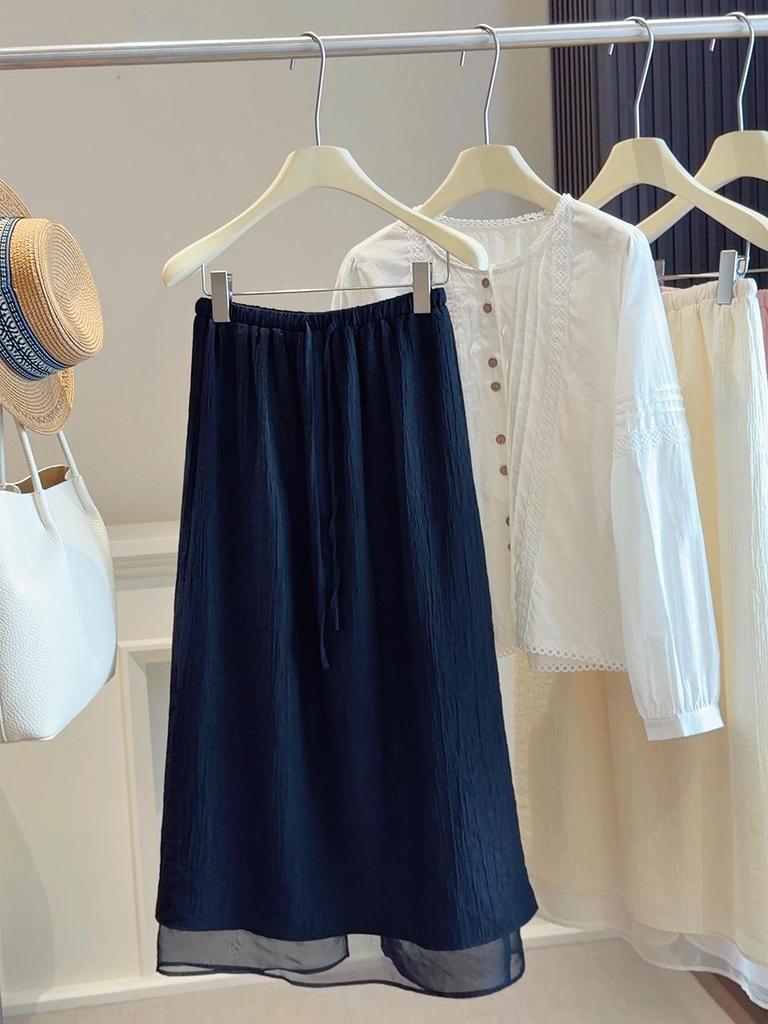 Korean Textured High-Waisted Drawstring Skirt with Mesh Hem and Back Slit for Women