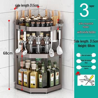 Modern Gunmetal 3-Tier Triangular Countertop Spice Rack with Utensil & Knife Holders