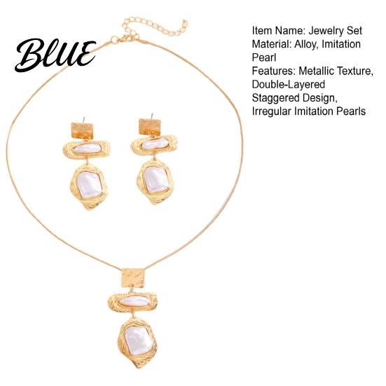 Faux Pearl Earrings Jewelry Set Metallic Texture Double-Layered Necklace