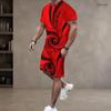 Herren Plus Size Rotes Schwarzes Bedrucktes Rundhals-Kurzarm-Oberteil Mit Taschen Zweiteiliges Shorts-Set