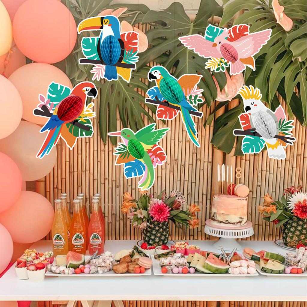 6Pcs/Set Tropical Hawaii Theme Toucan Bird Honeycomb Ball Garland Ornament for Summer Aloha Birthday Wedding Party Decoration