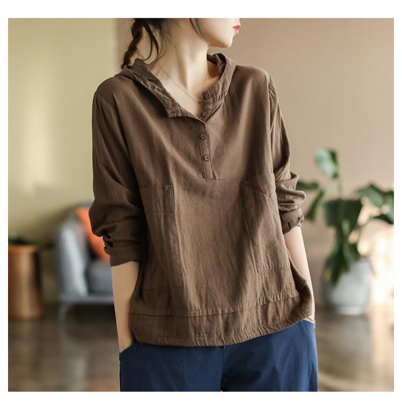 Women's Hooded Shirt Vintage Spring Loose Thin Pullover Long Sleeve Simple Plus Size Solid Blouses Ladies