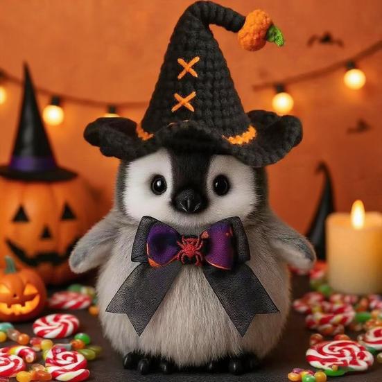 Halloween Penguin Doll 10" Penguin Plush Doll Toy with Knitted Witch Hat Small Stuffed Animal Desktop Decoration Gifts for Kids Boys Girls