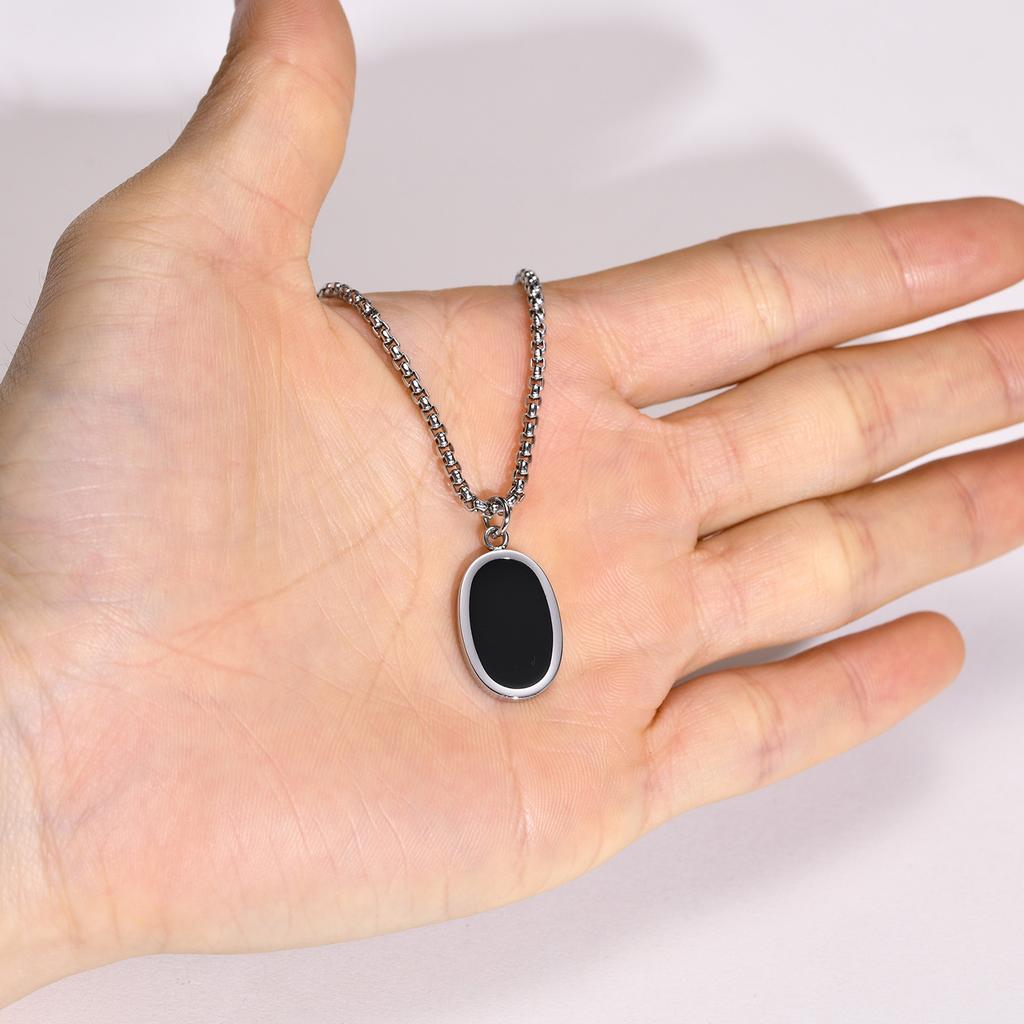 Men Necklace, Oval Round Pendant, Stainless Steel Minimalist Black Pendants.French Style Vintage Men Jewelry