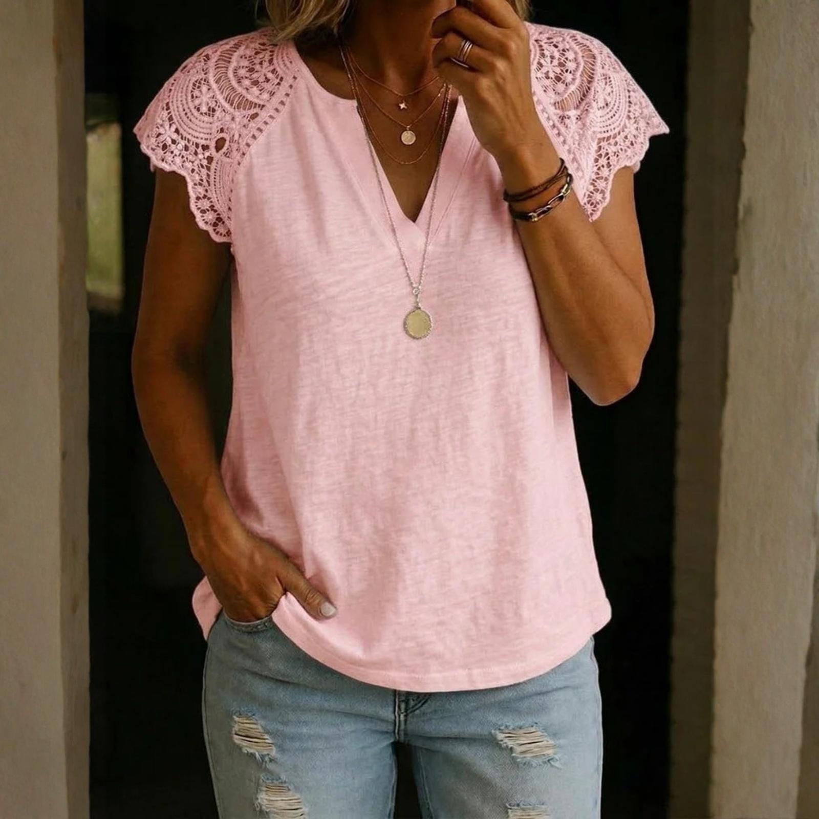 

Women s Loose-Fit, Stylish, And Casual Short-Sleeve Top With Lace-Paneled V-Neck M рожевий